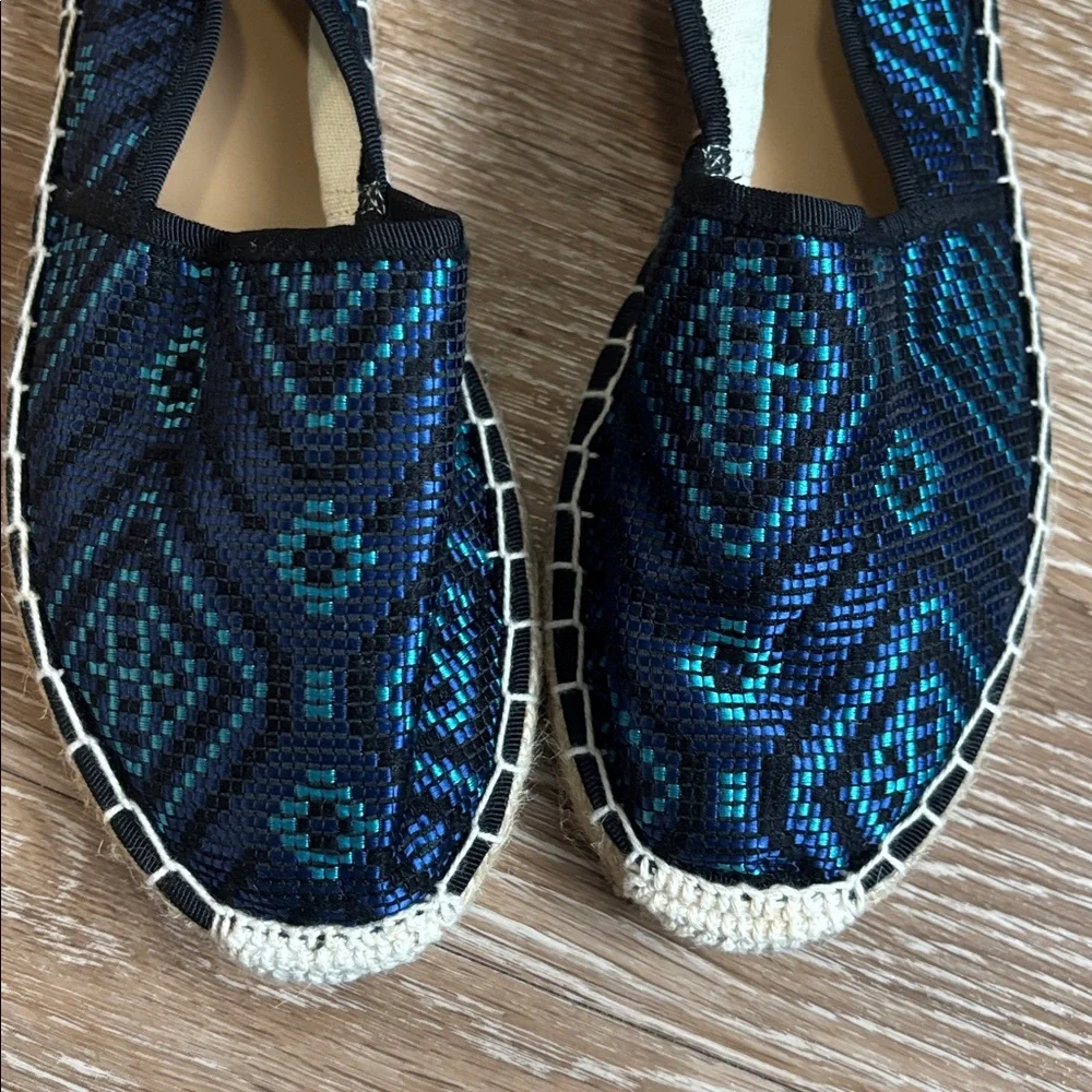 J Crew blue and black patterned espadrille flats, size 8